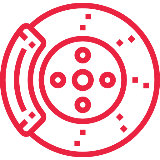 Un icono rojo de un disco de freno sobre un fondo blanco.