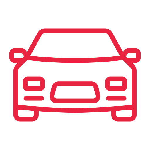Un icono de línea roja de un automóvil sobre un fondo blanco.