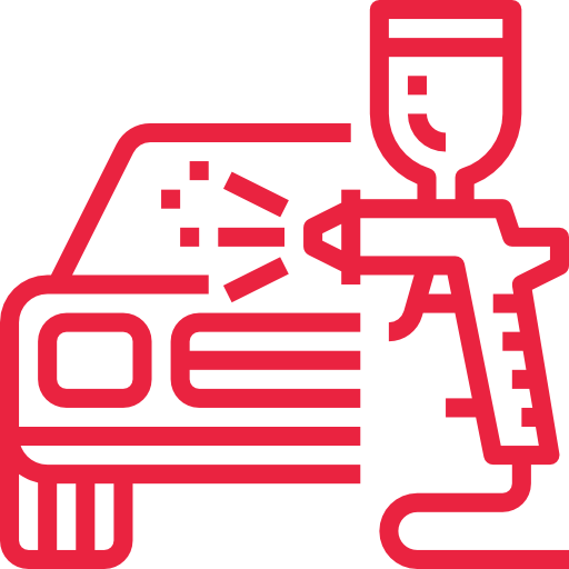 Un icono rojo de una persona rociando pintura sobre un automóvil.