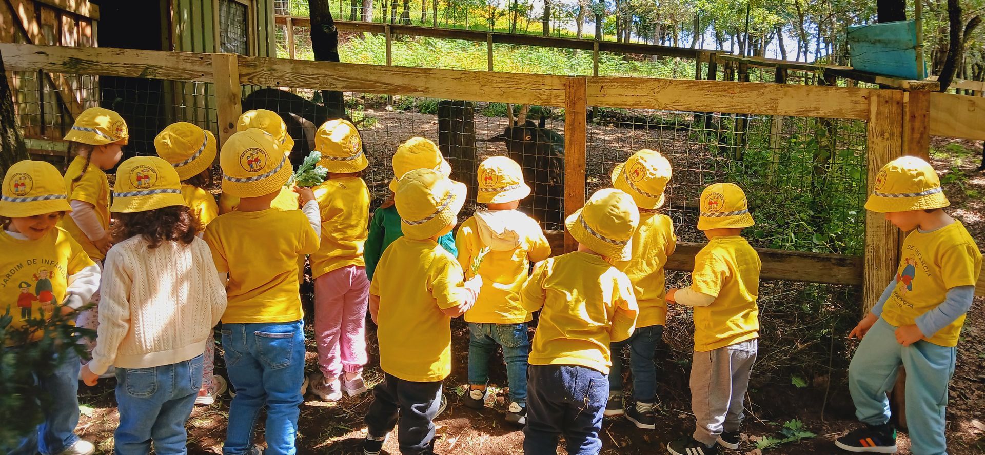 Um grupo de crianças com coletes coloridos e seus cuidadores em uma ampla escadaria de pedra em frente a um grande edifício.