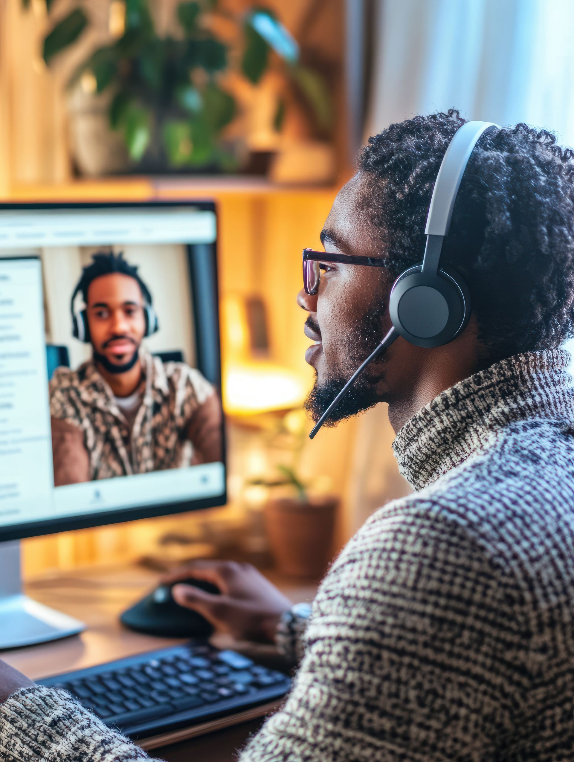 Un homme portant un casque et participant à un appel vidéo avec un autre homme