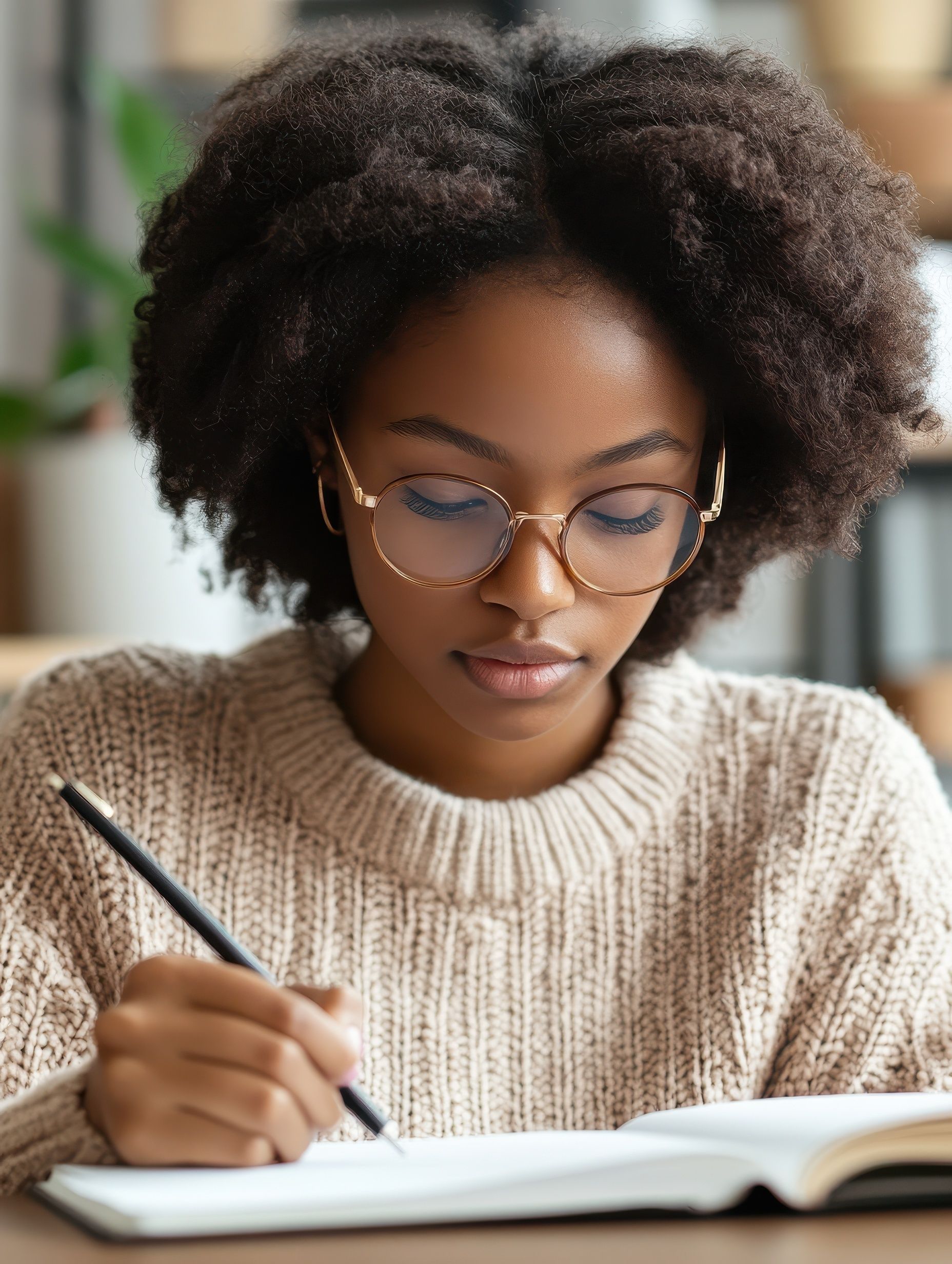 Femme avec des lunettes écrivant dans un cahier