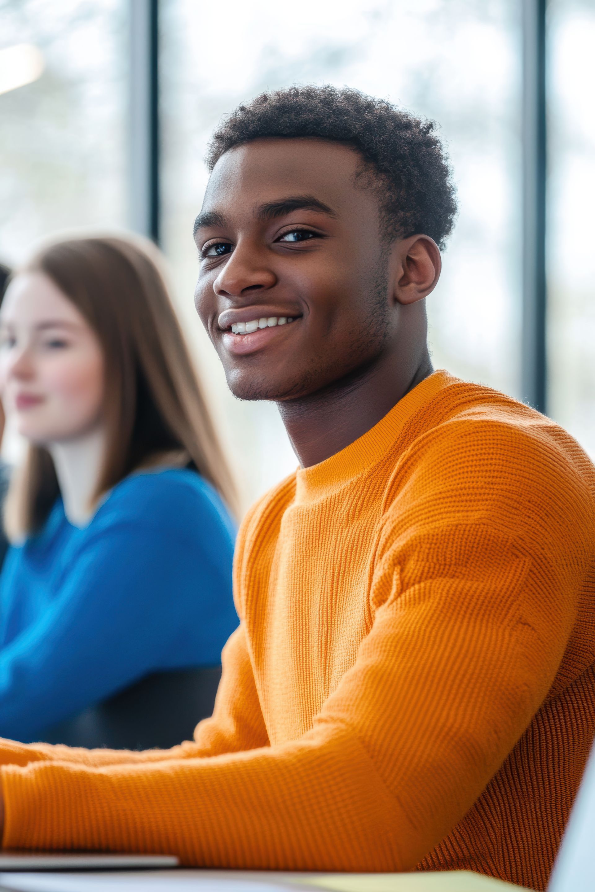 Un jeune homme en pull orange sourit à la caméra dans une salle de classe