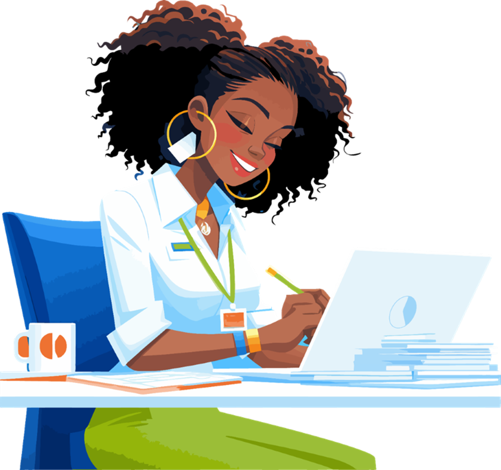 Dessin d'une femme à un bureau avec un ordinateur