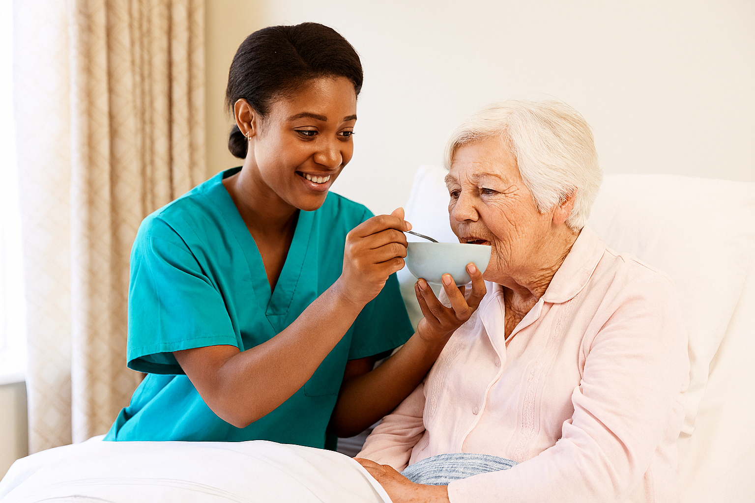 Une aide-soignante en blouse turquoise nourrit une personne âgée alitée