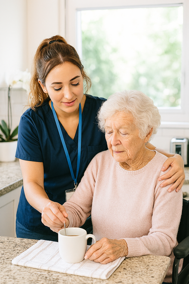 Une aide-soignante assiste une personne âgée qui tient une tasse dans une cuisine