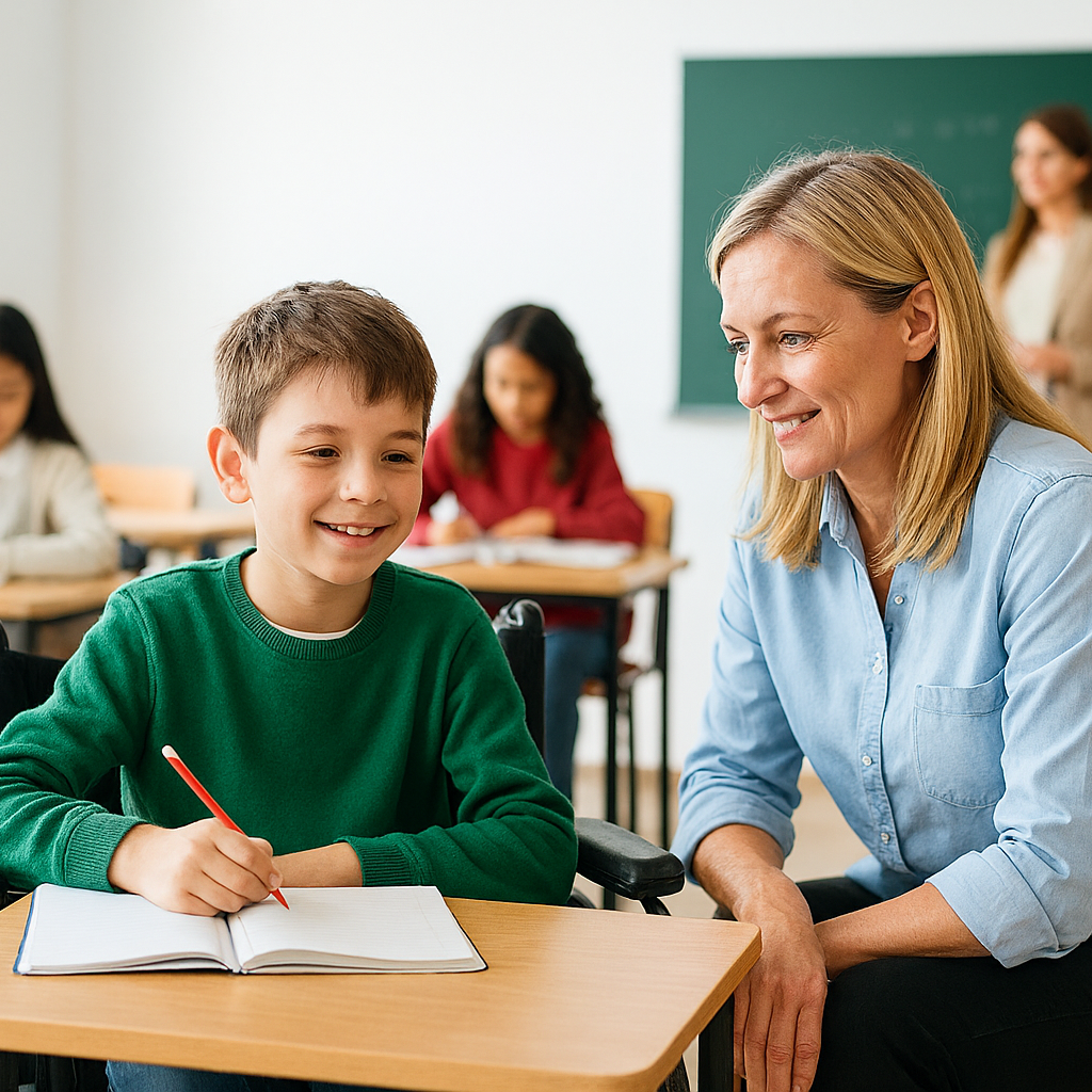 Un élève souriant écrit à son bureau tandis que l'enseignant se penche pour l'aider en classe