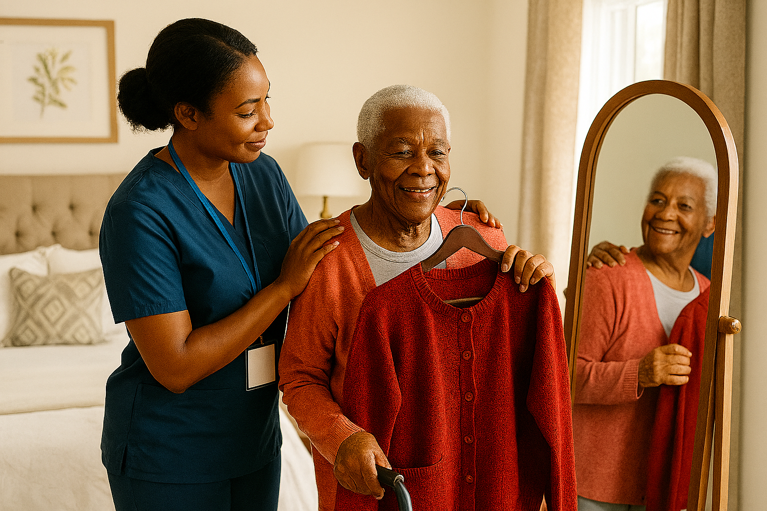 Une aide-soignante aide une personne âgée à choisir un pull dans une chambre avec un miroir