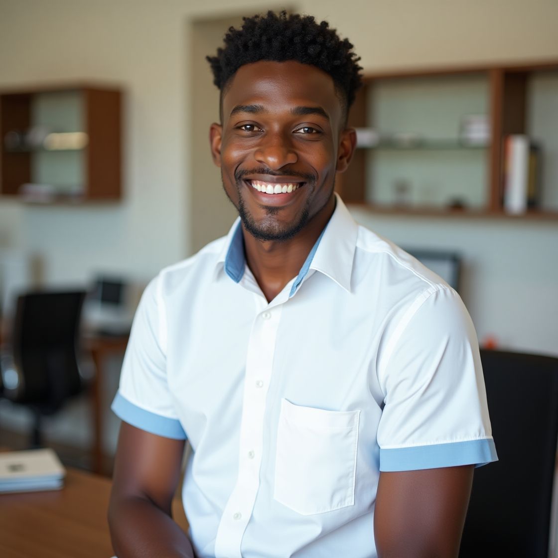 Un homme souriant, vêtu d'une chemise blanche à bordures bleues, est assis dans un bureau avec un bureau et des étagères
