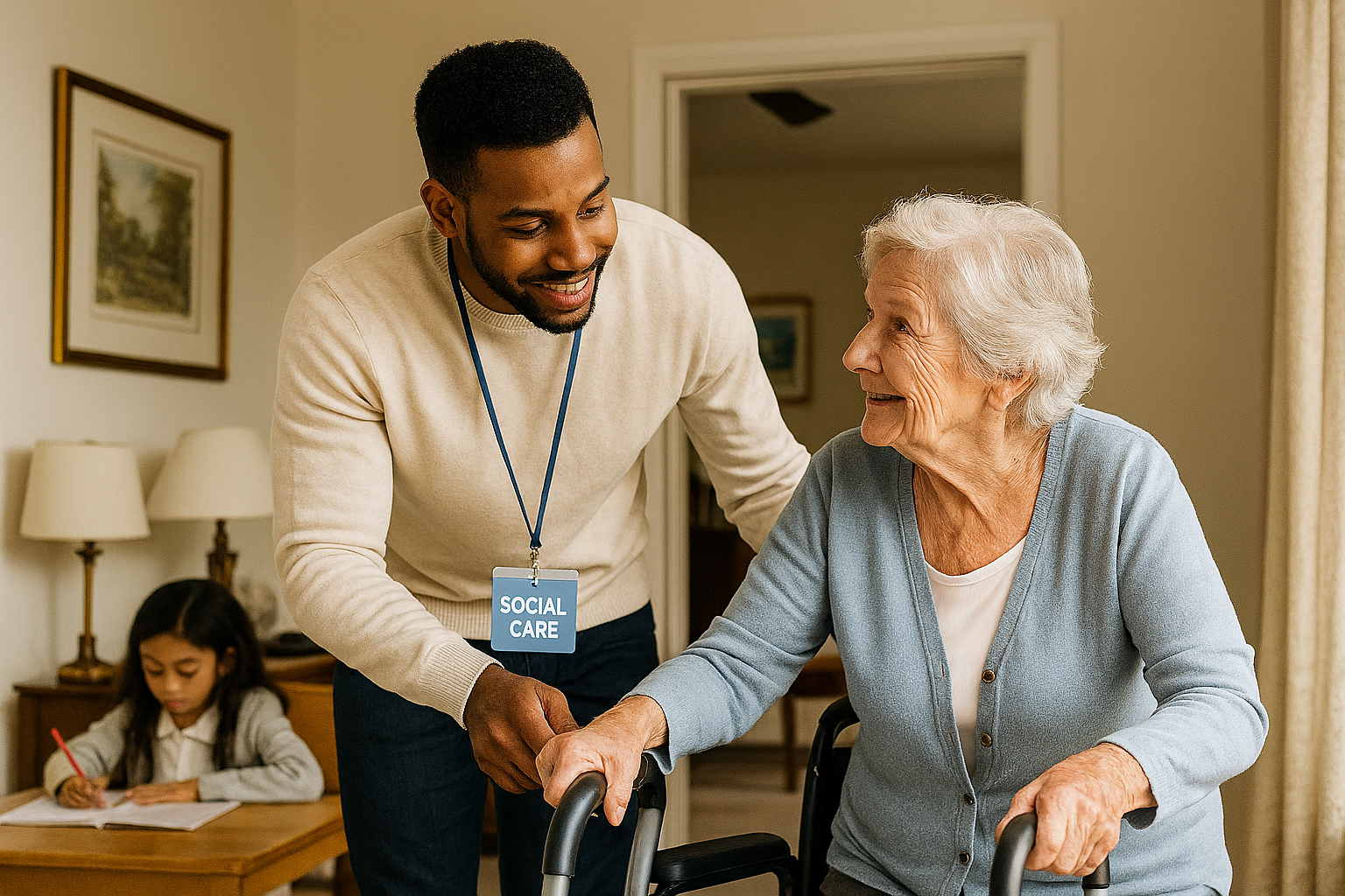 Un homme aidant une personne âgée à se déplacer avec un déambulateur