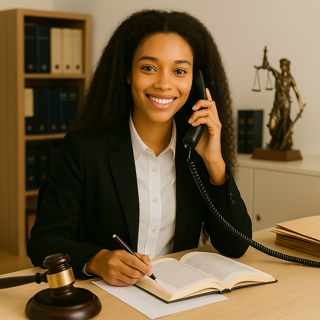 Femme en tailleur, au téléphone, souriante tout en prenant des notes dans son bureau
