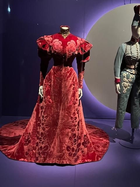 Robe de velours rouge à motifs floraux exposée dans un musée.