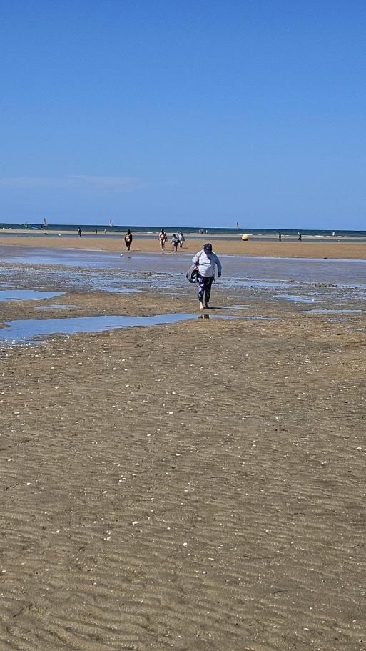 Une personne marche sur une plage de sable à marée basse.