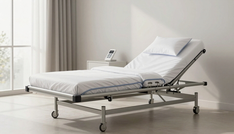 Cama de hospital ajustable con sábanas blancas en una habitación luminosa y minimalista.