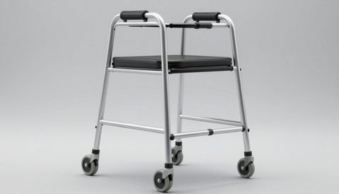 Andador plateado con ruedas, asiento acolchado negro y asas sobre un fondo gris claro liso.