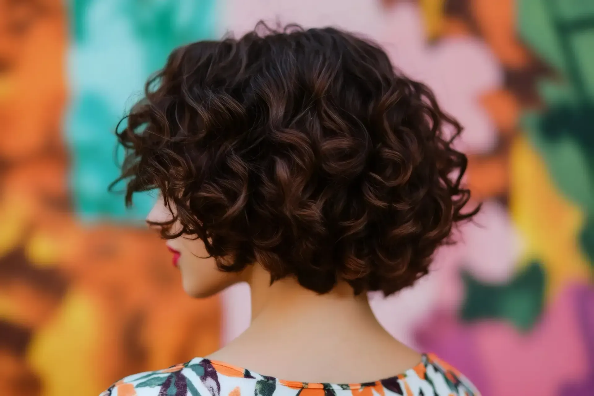 Mujer con cabello castaño rizado, vista posterior, frente a una pared pintada de colores.