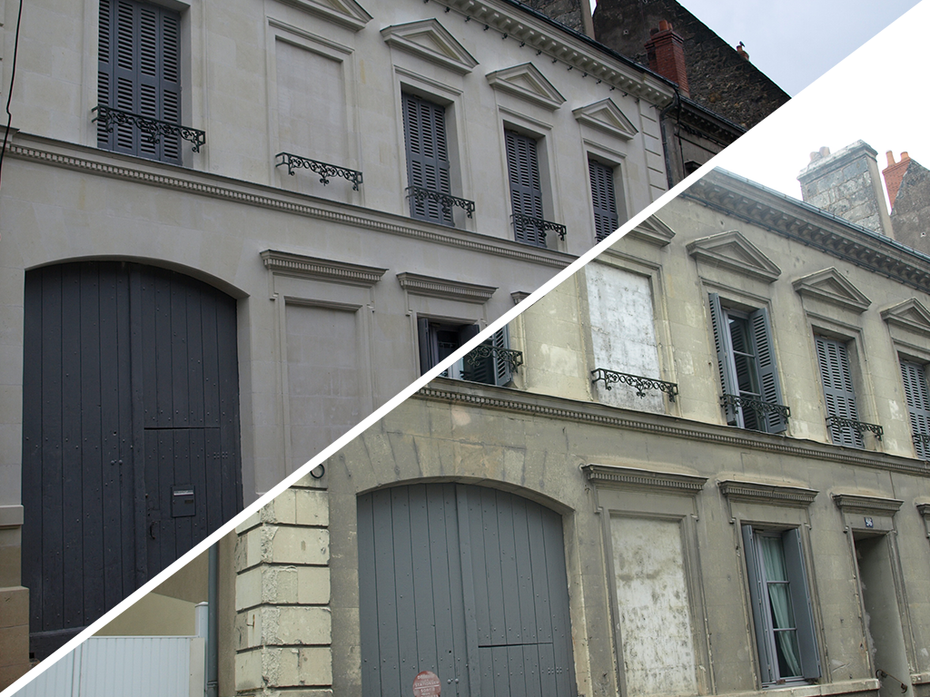 Une comparaison en écran partagé montre la façade d'une maison de ville historique avant et après restauration, mettant en évidence son état amélioré.
