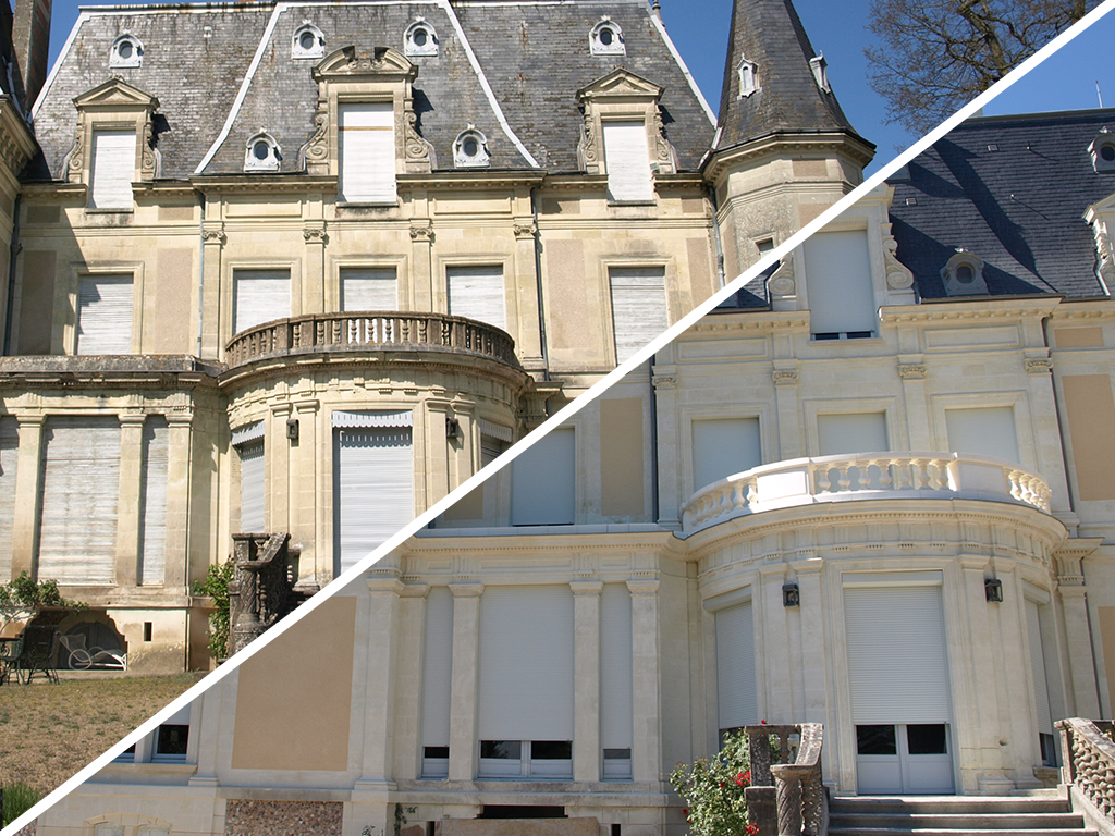 Vue en écran partagé d'un château français historique, montrant son extérieur en pierre avec des fenêtres à volets et des balcons ornés.