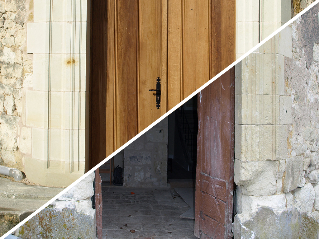 Comparaison en écran partagé montrant une porte rustique en pierre avec une porte neuve en bois clair au-dessus et une vieille porte sombre en dessous.