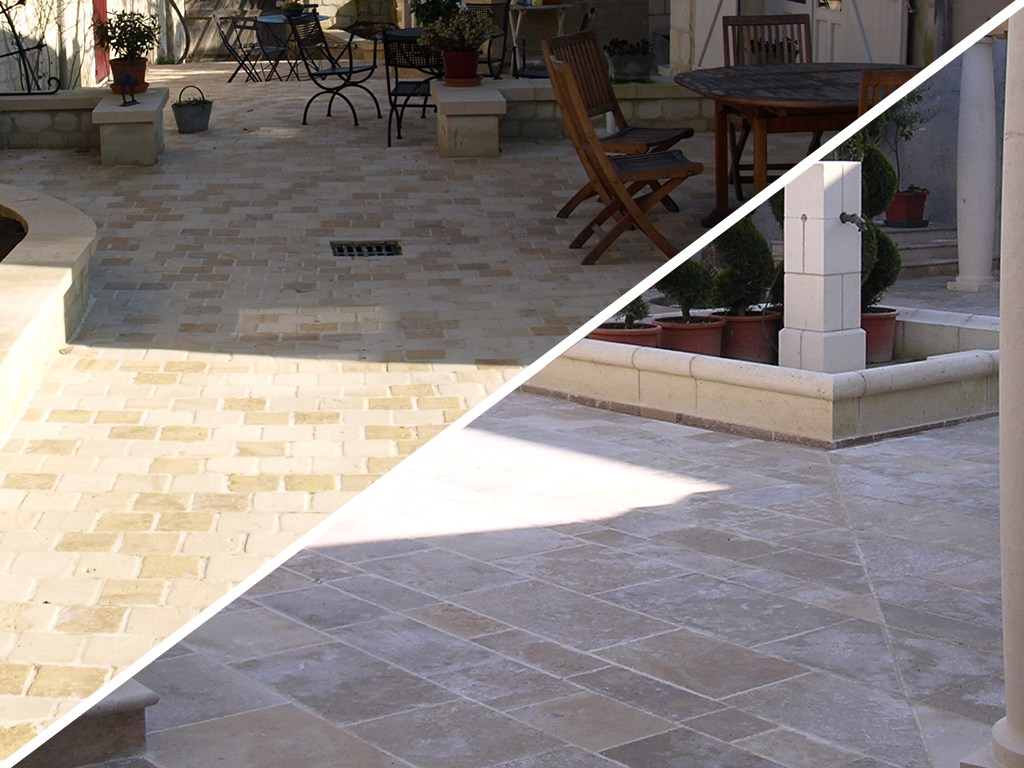 Comparaison côte à côte de deux motifs de pavage de terrasse en pierre extérieure, l'un avec de petites briques et l'autre avec de grands carreaux carrés.