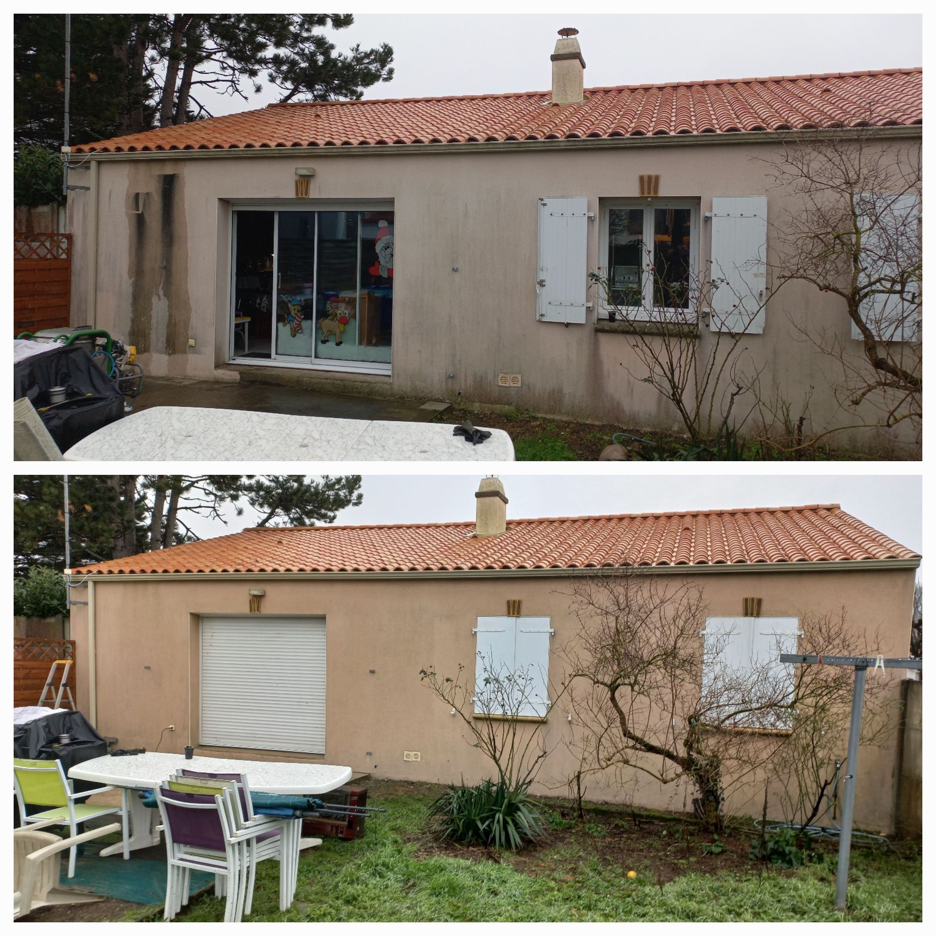 Une façade avec des moisissures et une façade propre