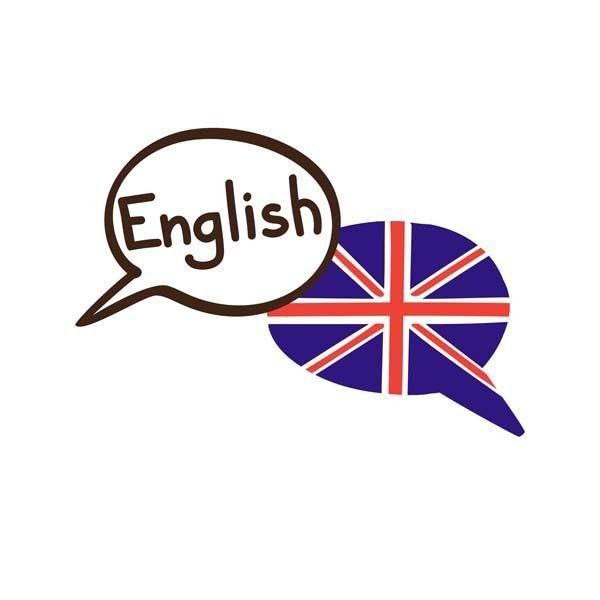 Un bocadillo de diálogo con la palabra inglés y una bandera británica encima.