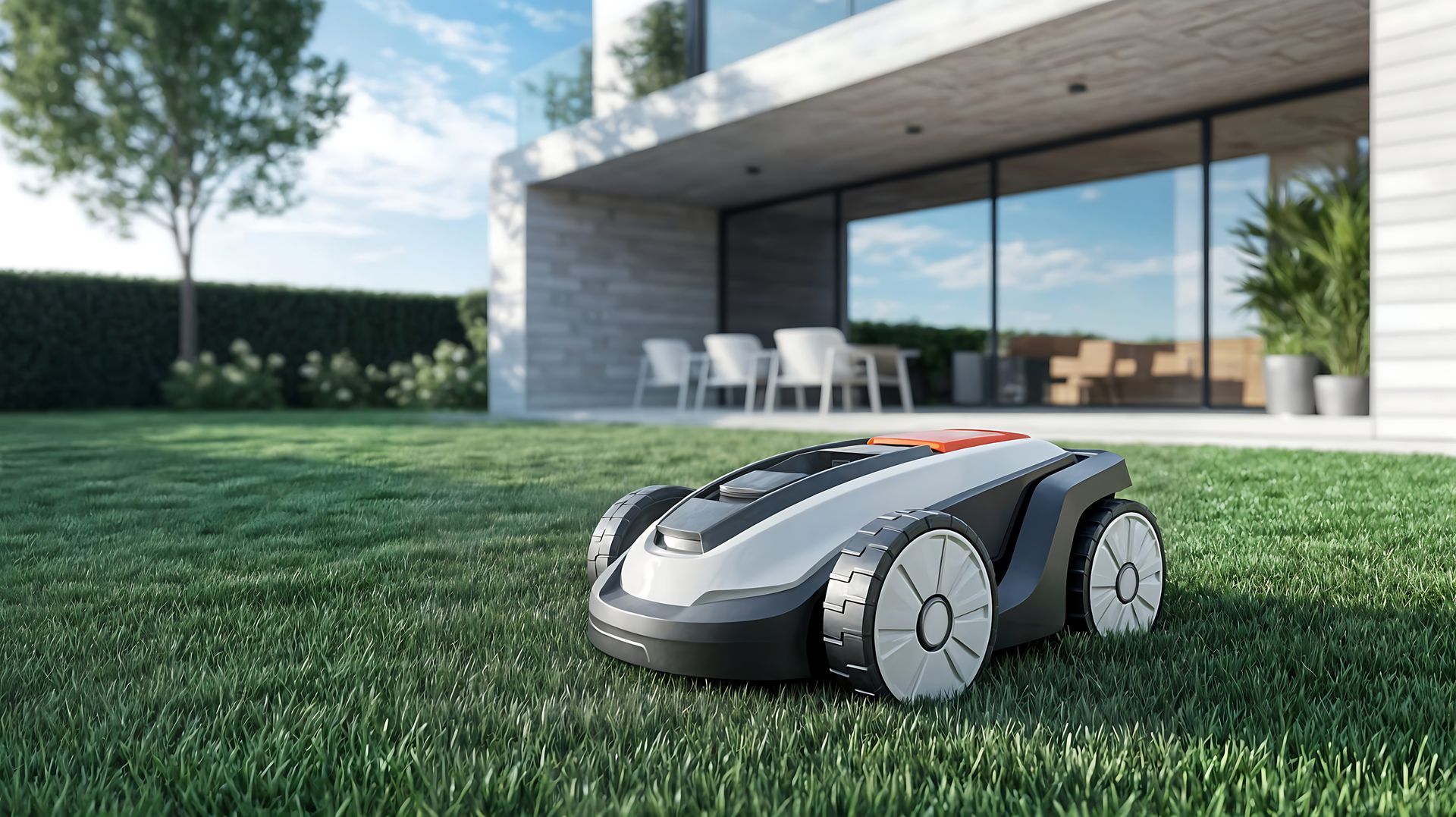 Tondeuse à gazon robotisée sur une pelouse verte devant une maison moderne, journée ensoleillée.
