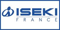 Logo d'Iseki France en bleu, avec une figure stylisée et un texte.