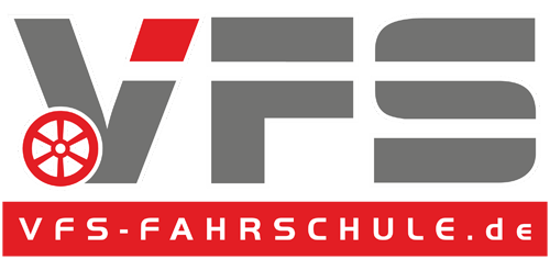 Logo der VFS Fahrschule.de in Grau, Rot und Wei&szlig; mit einem Radsymbol und rotem Banner