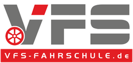 Logo der VFS Fahrschule.de in Grau, Rot und Weiß mit einem Radsymbol und rotem Banner