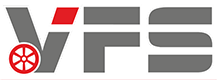 VFS-Logo in Grau und Rot, mit einem roten Rad im Inneren des V