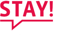 Roter „STAY!“-Text mit Sprechblasenumriss.