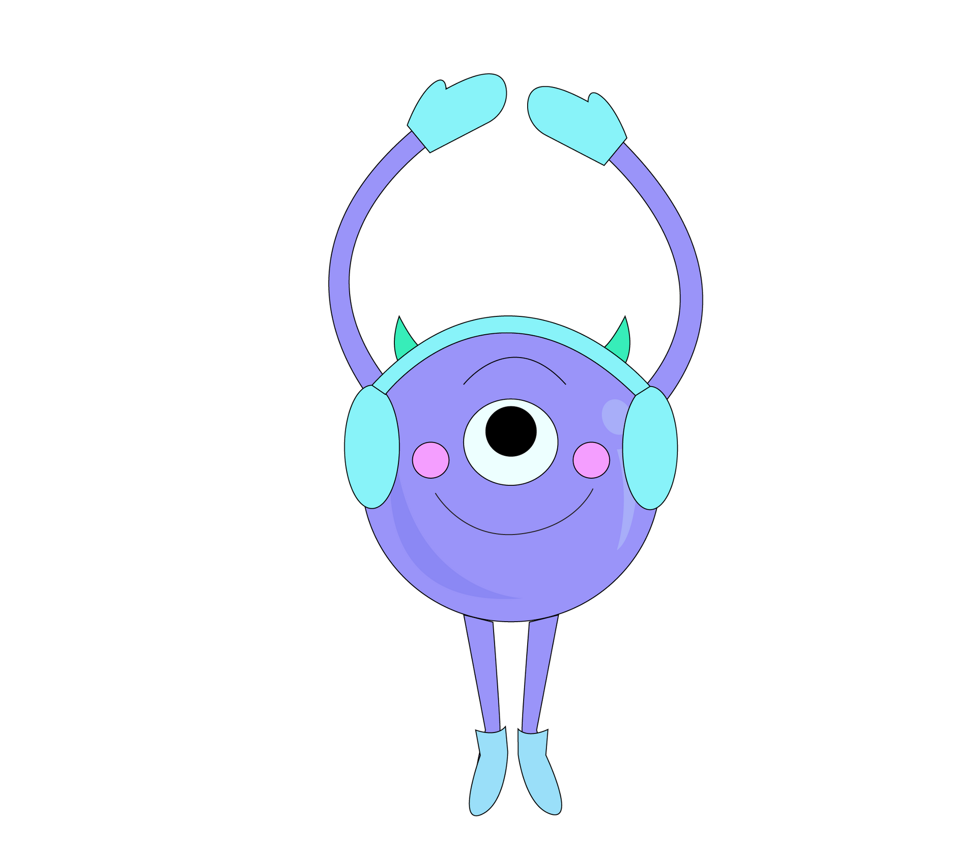 Monstruo de dibujos animados de un solo ojo de color morado con los brazos levantados, sonriendo y saltando.