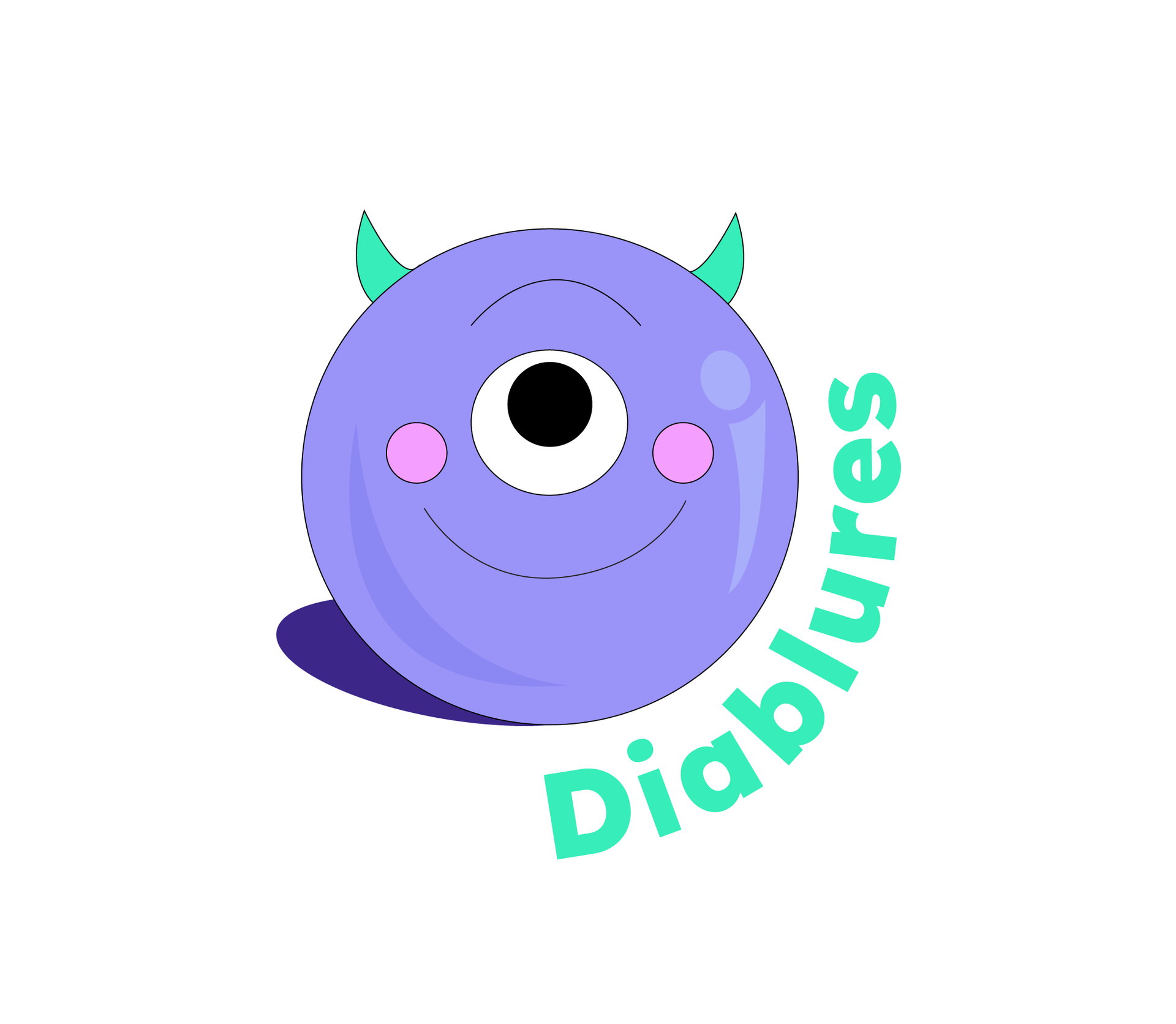 Monstruo cíclope morado con cuernos verde azulado, mejillas rosadas y texto 
