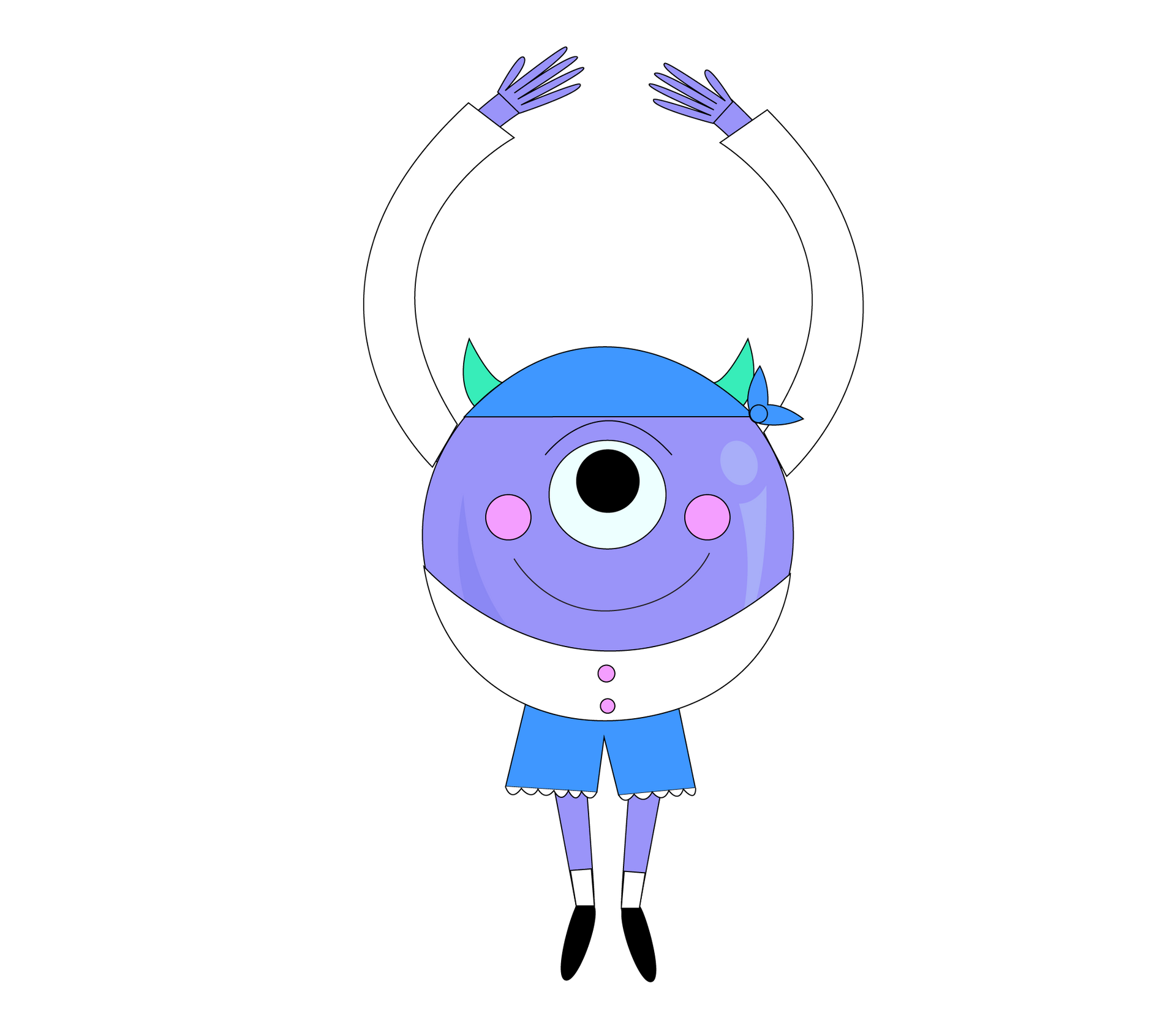 Monstruo morado de un solo ojo con los brazos en alto, vistiendo un pañuelo azul, pantalones cortos y camisa blanca.