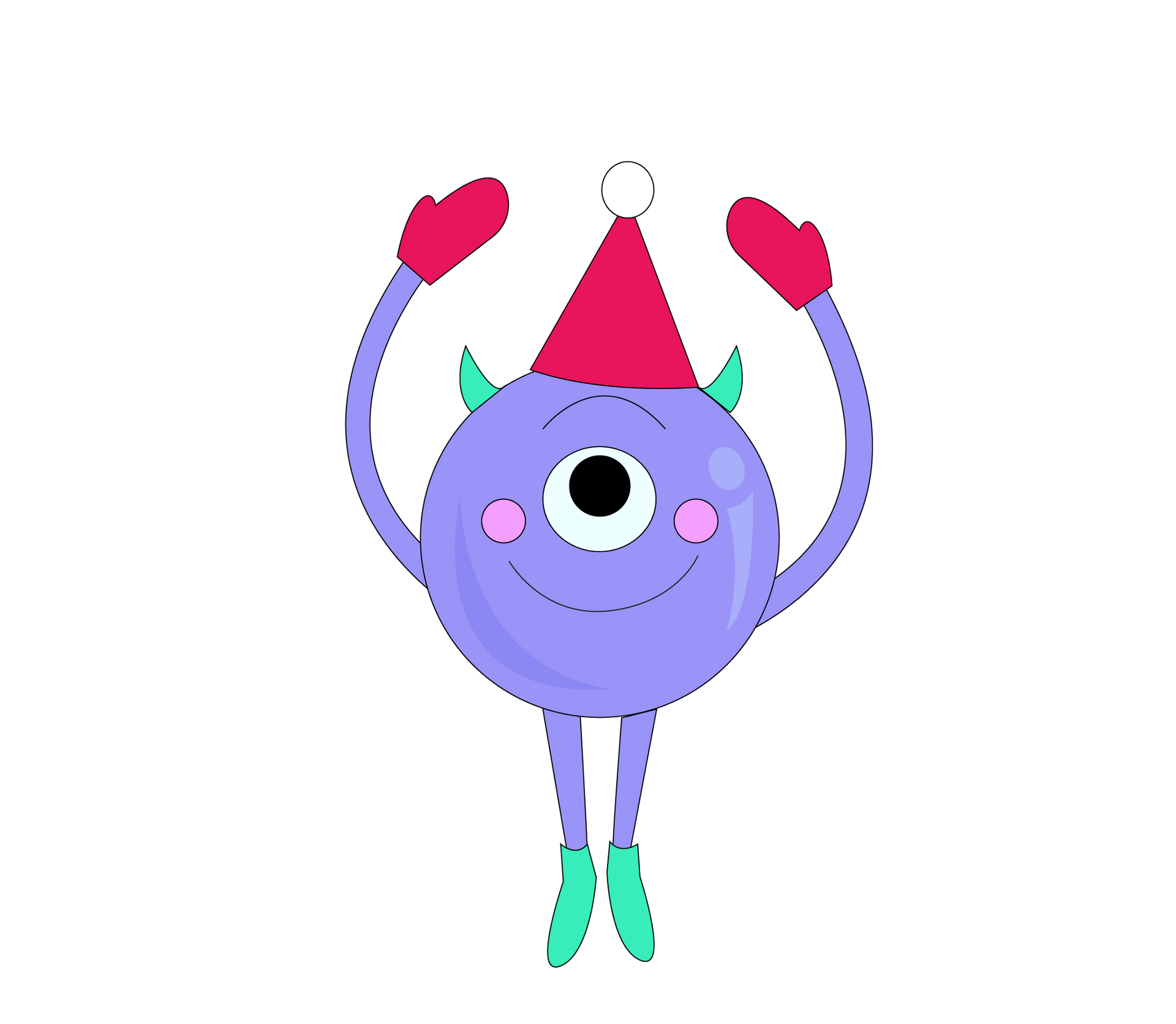 Monstruo morado de un solo ojo que lleva gorro y guantes de Papá Noel y salta de alegría.