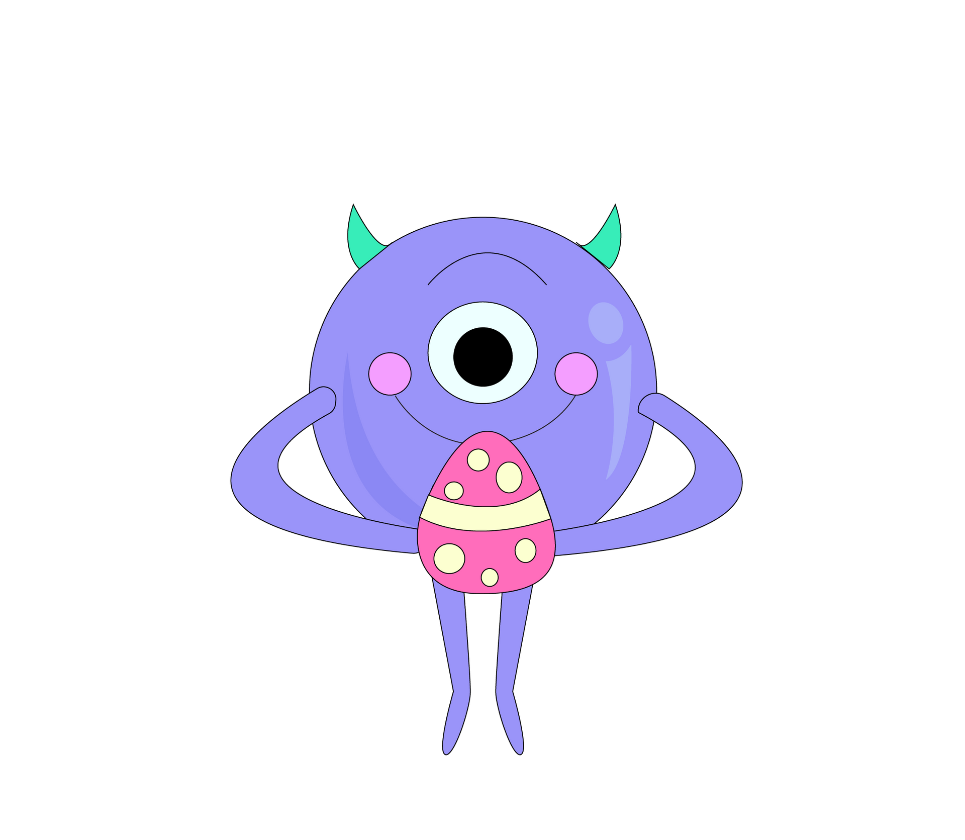 Monstruo morado, de un solo ojo, que sostiene un huevo de Pascua rosa con lunares, sonriendo.