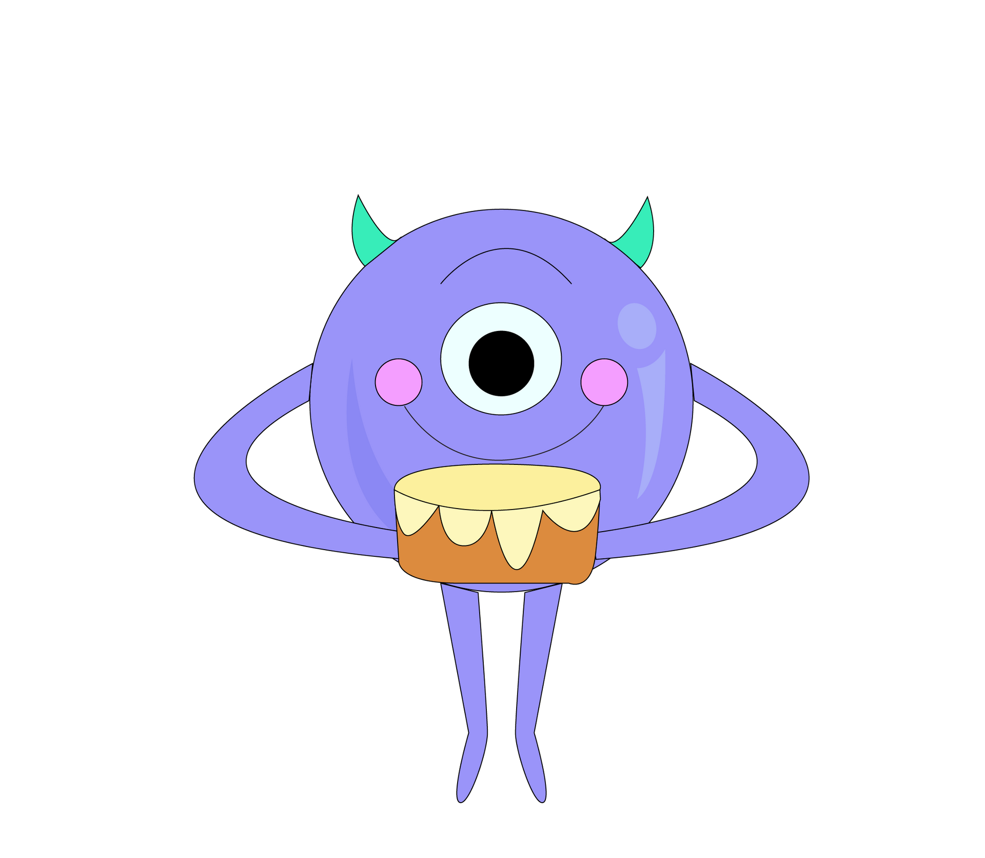 Monstruo morado de un solo ojo sosteniendo un pastel, con una expresión alegre.