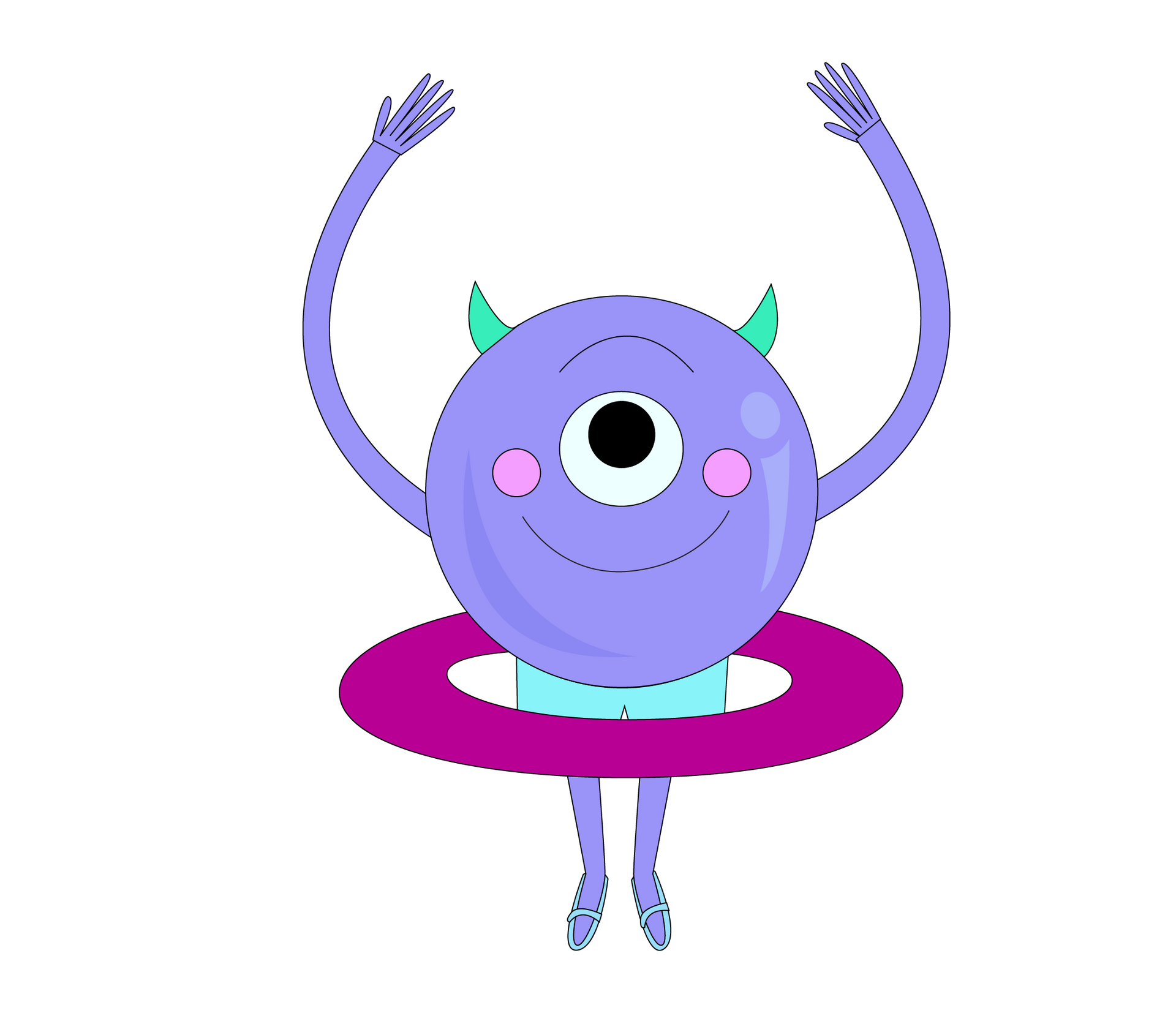 Monstruo cíclope morado que lleva un aro de hula hula y levanta los brazos.