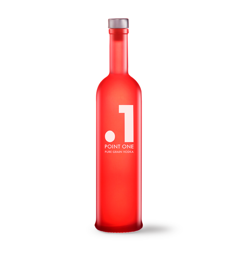 Una botella roja de vodka Point One sobre un fondo blanco.