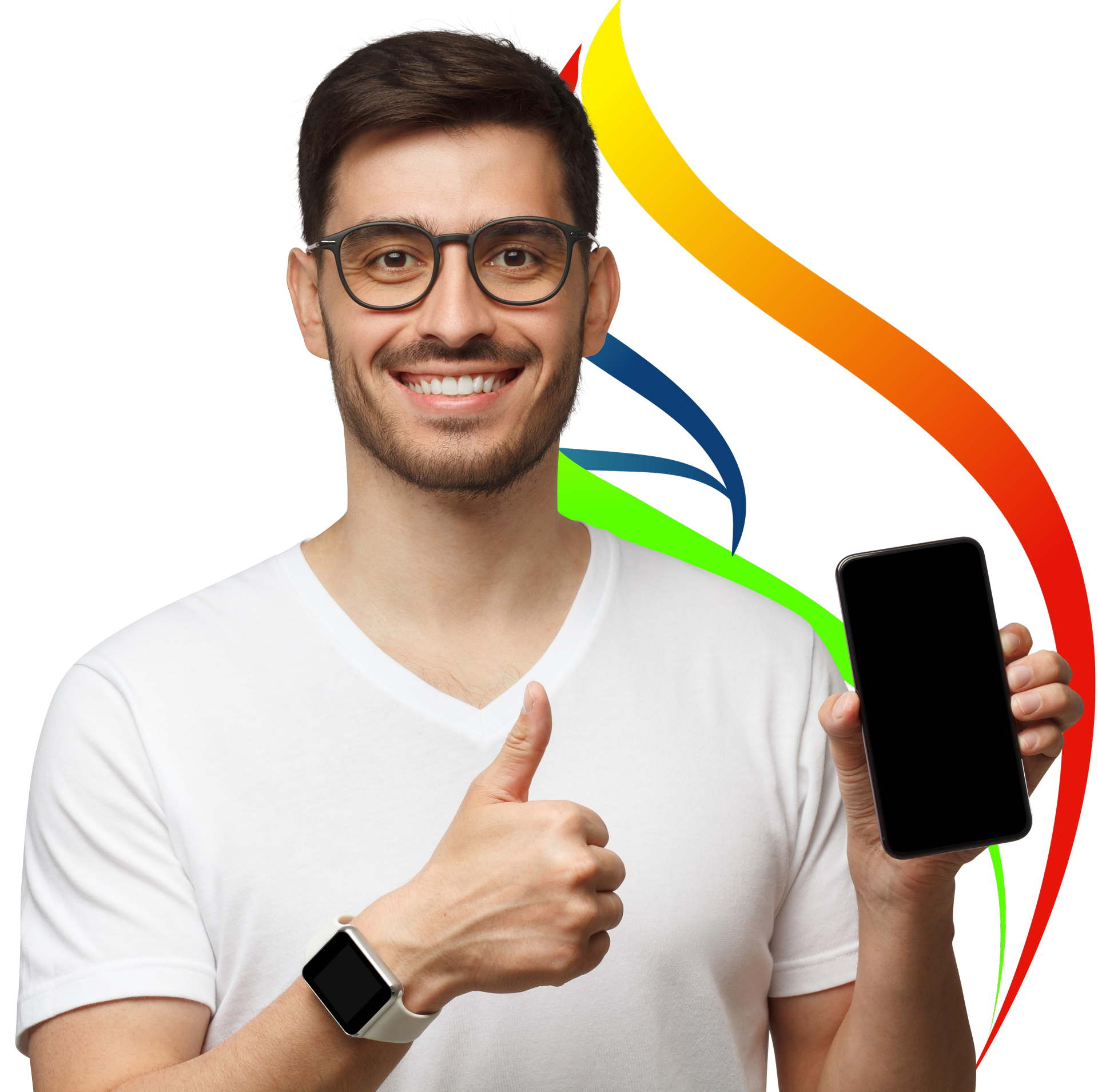 Un homme souriant le pouce levé nous regardant en montrant son Smartphone.