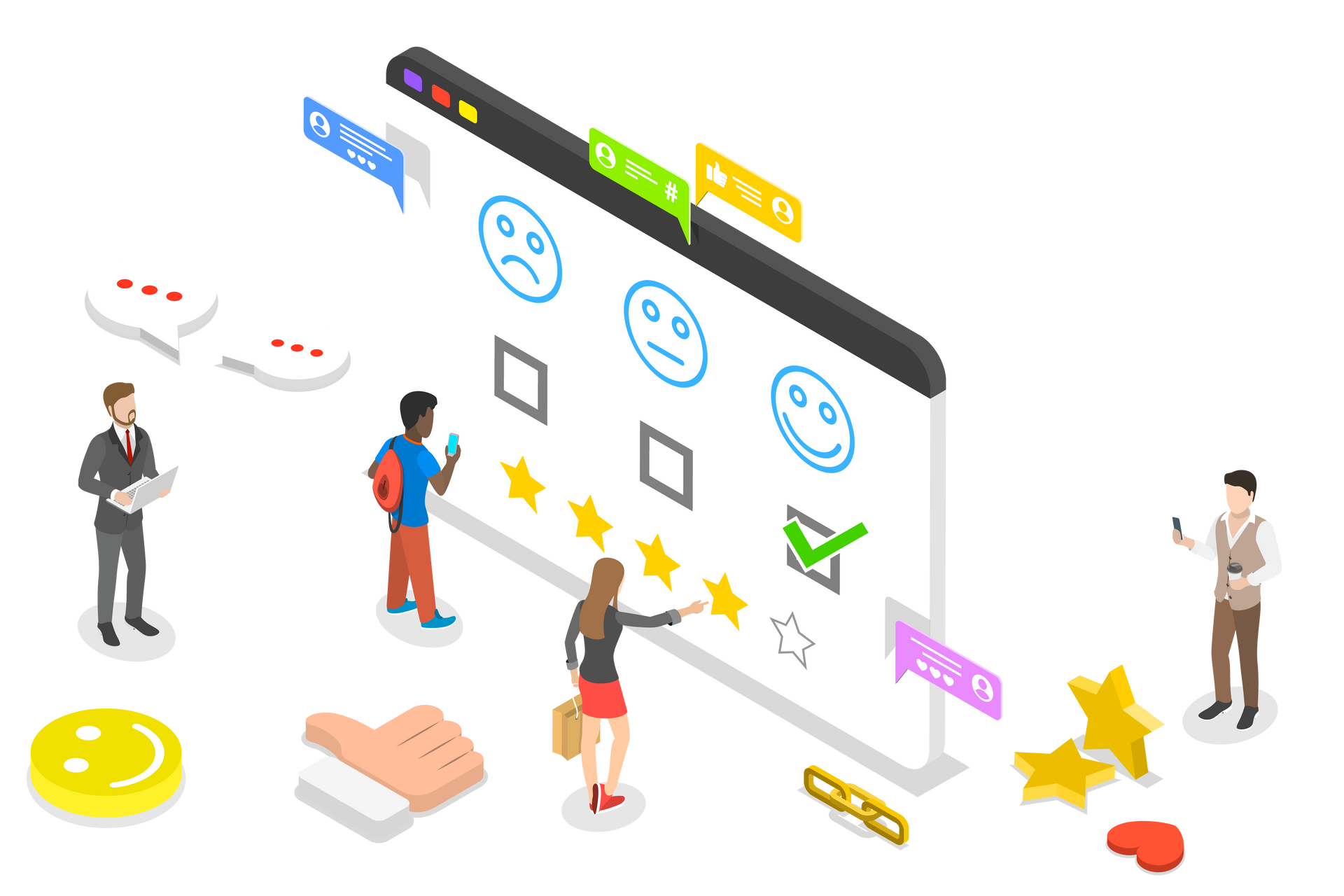 Illustration isométrique de clients donnant leurs avis.