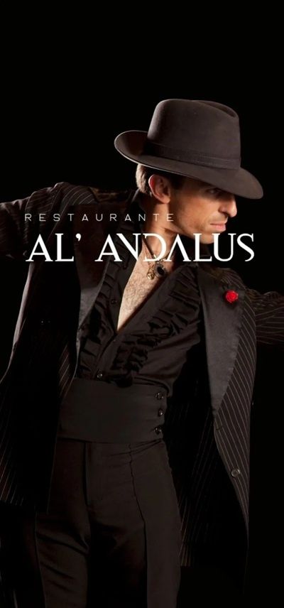 Hombre con traje formal y sombrero, anuncio de restaurante con el texto 