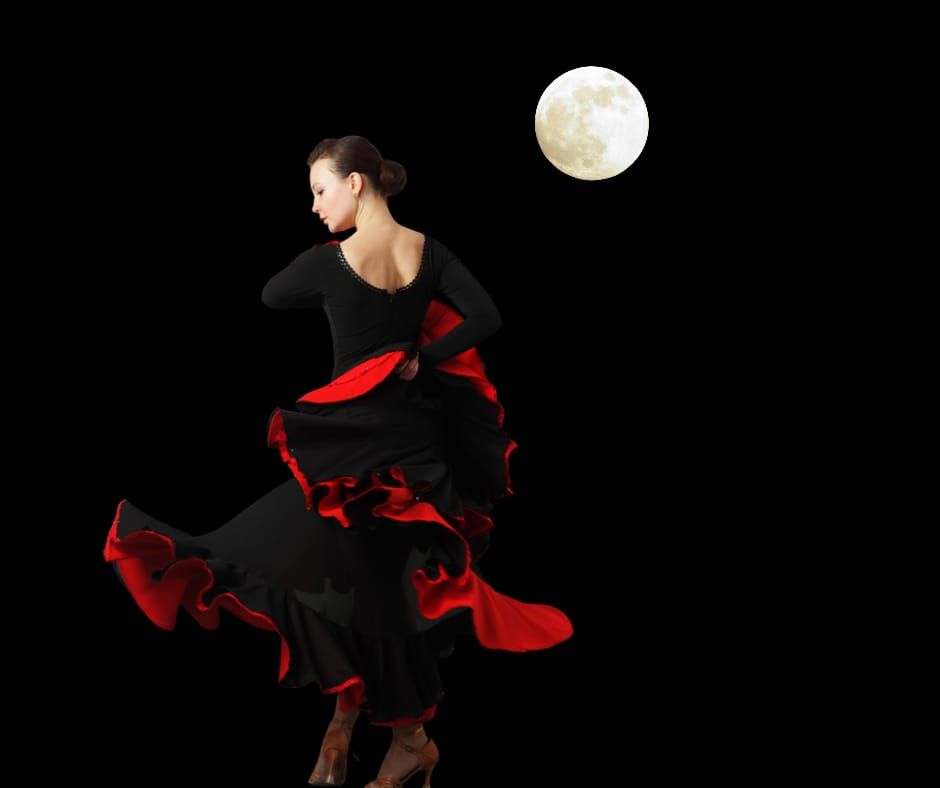 Una bailarina con un vestido negro con ribetes rojos posa sobre un fondo negro, con una luna llena y un texto.