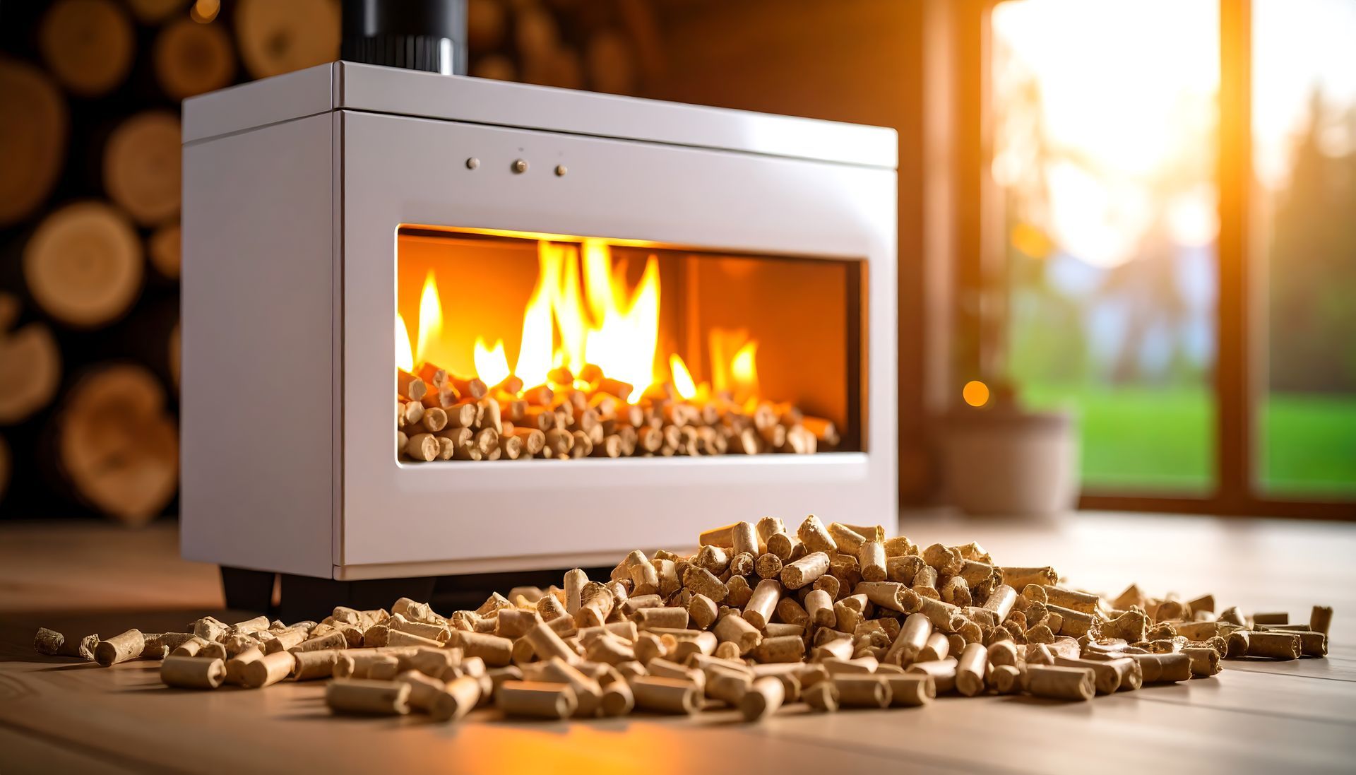 Poêle à granulés blanc moderne avec flammes, granulés de bois à l'intérieur et autour du poêle, vue extérieure ensoleillée.