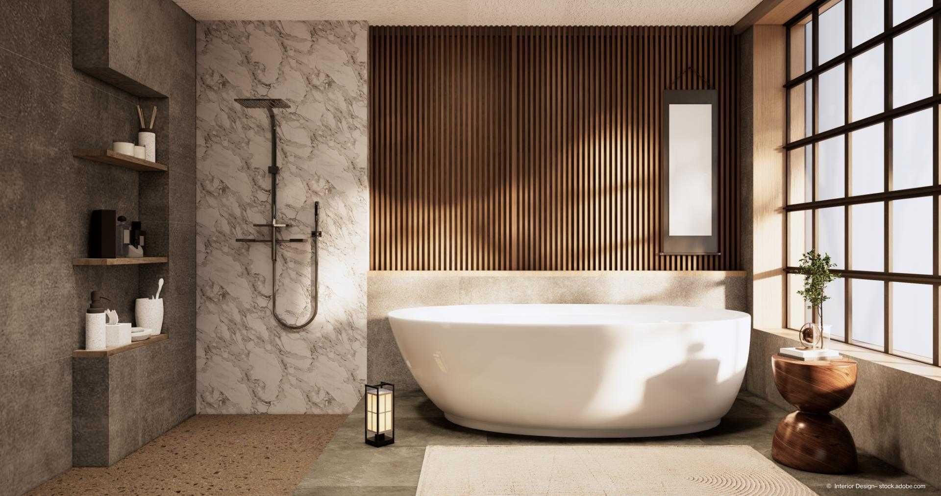 Das Bad und die Toilette im Badezimmer im japanischen Wabi-Sabi-Stil. 3D-Rendering