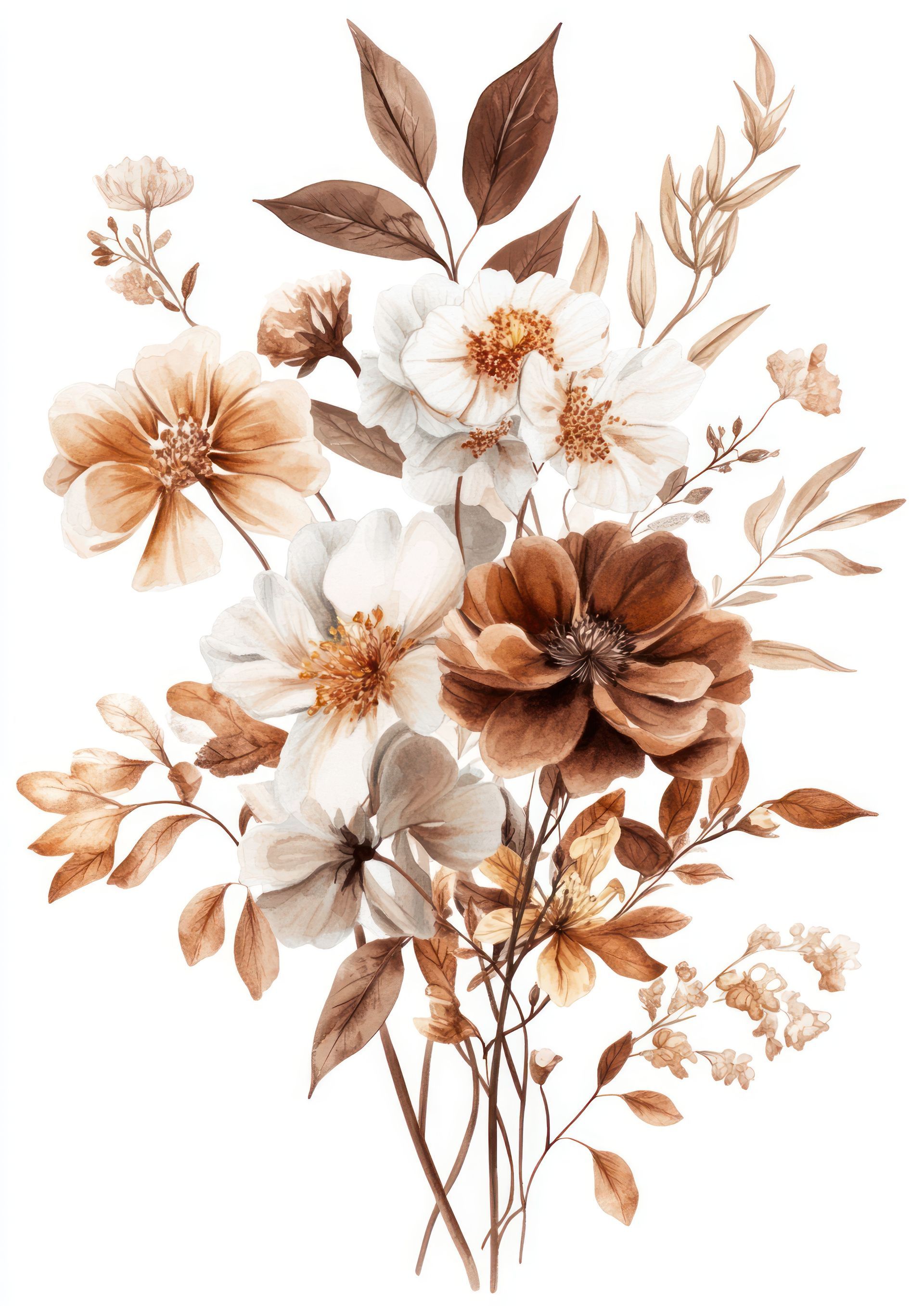 Bouquet de fleurs blanches, beiges et brunes aux feuilles détaillées sur fond blanc.