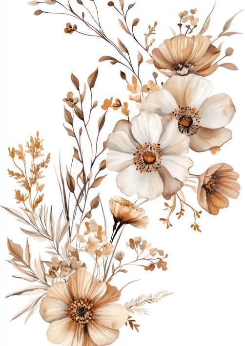 Composition florale à l'aquarelle dans les tons crème et marron.