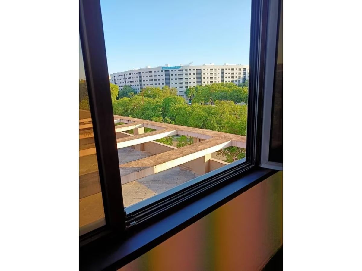 Una ventana con vista a un edificio y árboles.