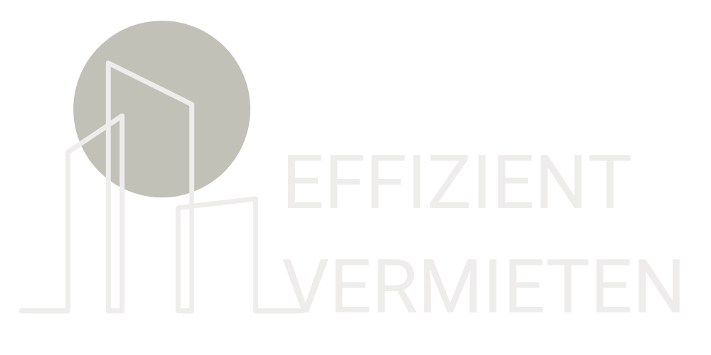 Logo mit grauem Kreis und Gebäudeumriss, Text „EFFIZIENT VERMIETEN“.